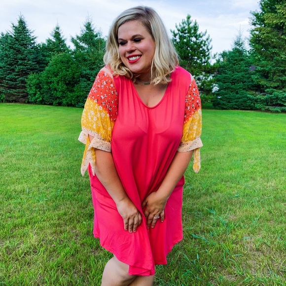 NWT Coral Dress with Floral Chiffon Sleeves - Picture 3 of 7